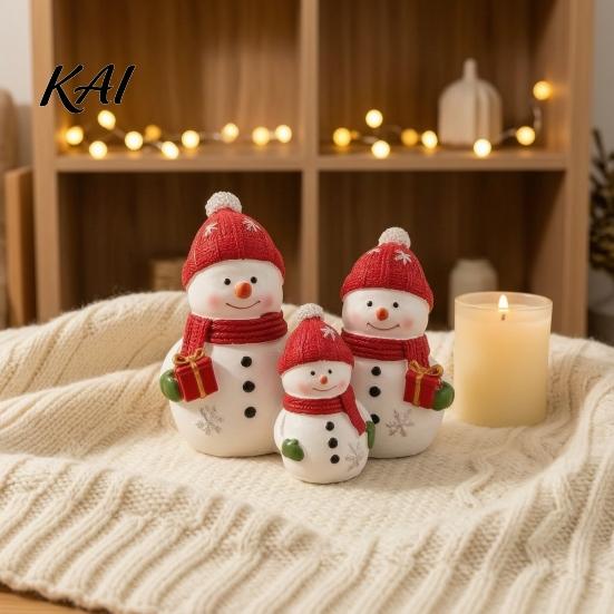 Winter Wonderland Decorations Christmas Resin Snowman Figurine, Cute Family of 3 Statue with Santa Party Supplies Hat, Red Scarf, Holiday Tabletop