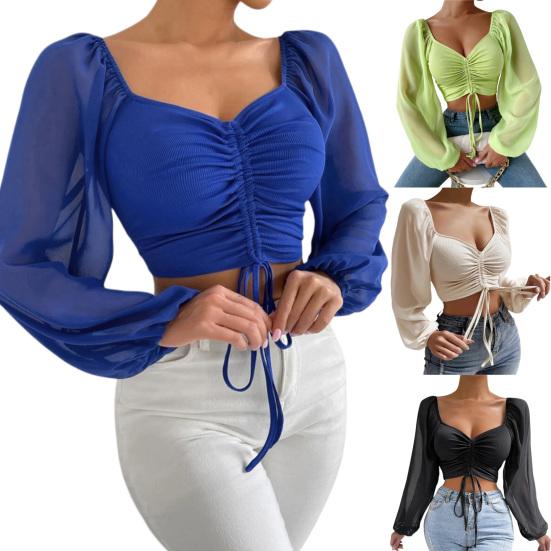 Укороченный топ с защитой от катышков, чистые цвета, сексуальный пуловер с квадратным воротником-фонариком и длинными рукавами