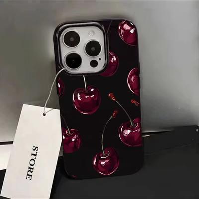 Черный чехол с рисунком вишни для IPHONE 16ProMax 15 14 13 12 11 17 Pro Max 16e X XS XR XSMax 7 8 Plus SE 2020 Мягкие ТПУ чехлы для телефона