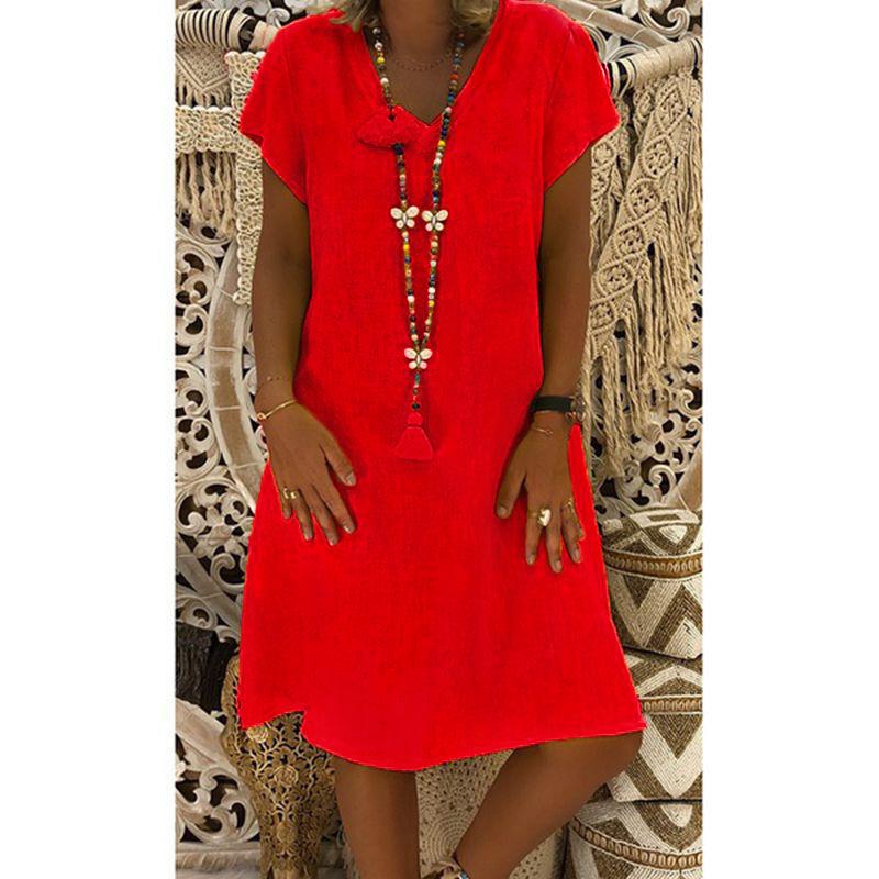 Модное повседневное летнее платье с коротким рукавом и V-образным вырезом, женское элегантное платье А-силуэта больших размеров, базовое однотонное платье для вечеринки, женская свободная женская одежда