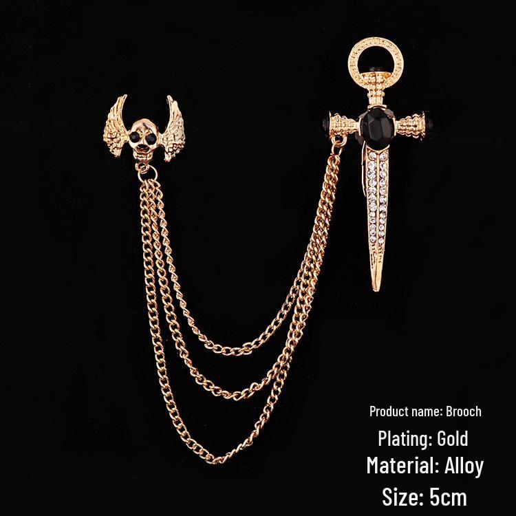 Black Gem Chain Fashion Brooch with Tassel for Men's Suit