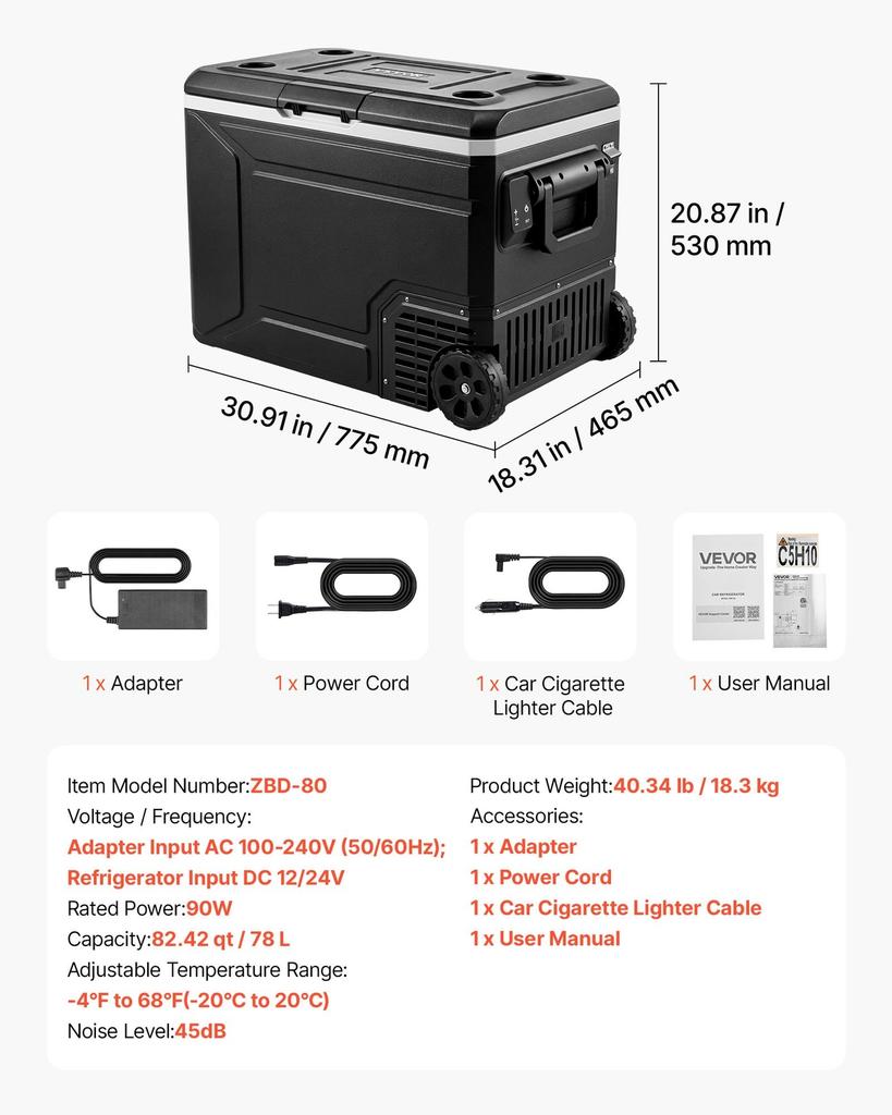 12 Volt Refrigerator, 82.4 QT/ 78L Car Fridge, Portable Electric Freezer Compressor with Handle, APP Control and Wheel, 12V/24V DC 100-240V AC,-20 to