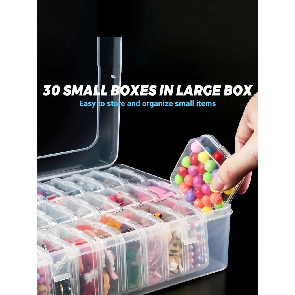 1 набор из 30 прозрачных пластиковых коробок для хранения, мини, с маленькими ячейками, с крышкой, квадратные, для украшений, жемчуга и разных мелочей, с разделителями