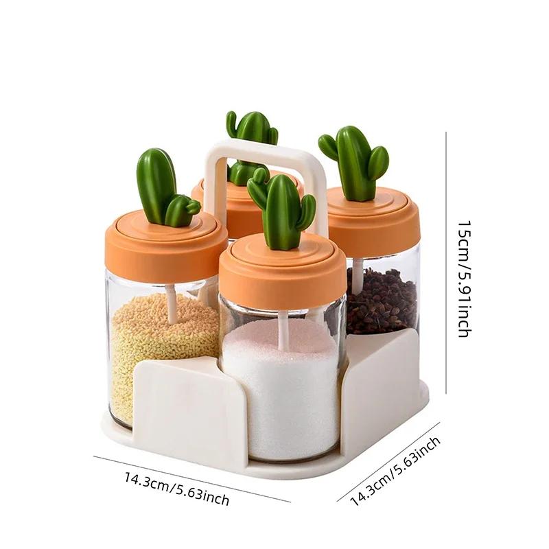 4 шт. стеклянных банок для приправ в виде кактуса, горшочек для приправ с ложкой, банки для специй, контейнеры для сахара, соли, перца, кухонные канистры, горшки