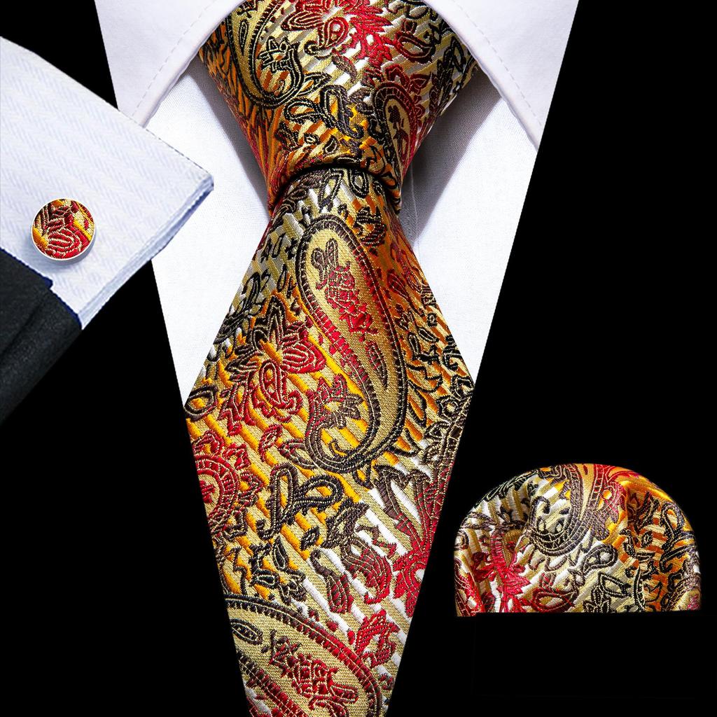 Barry.Wang Necktie Hankerchief Cufflinks Set Earth Yellow Paisley Jacquard Woven Wedding