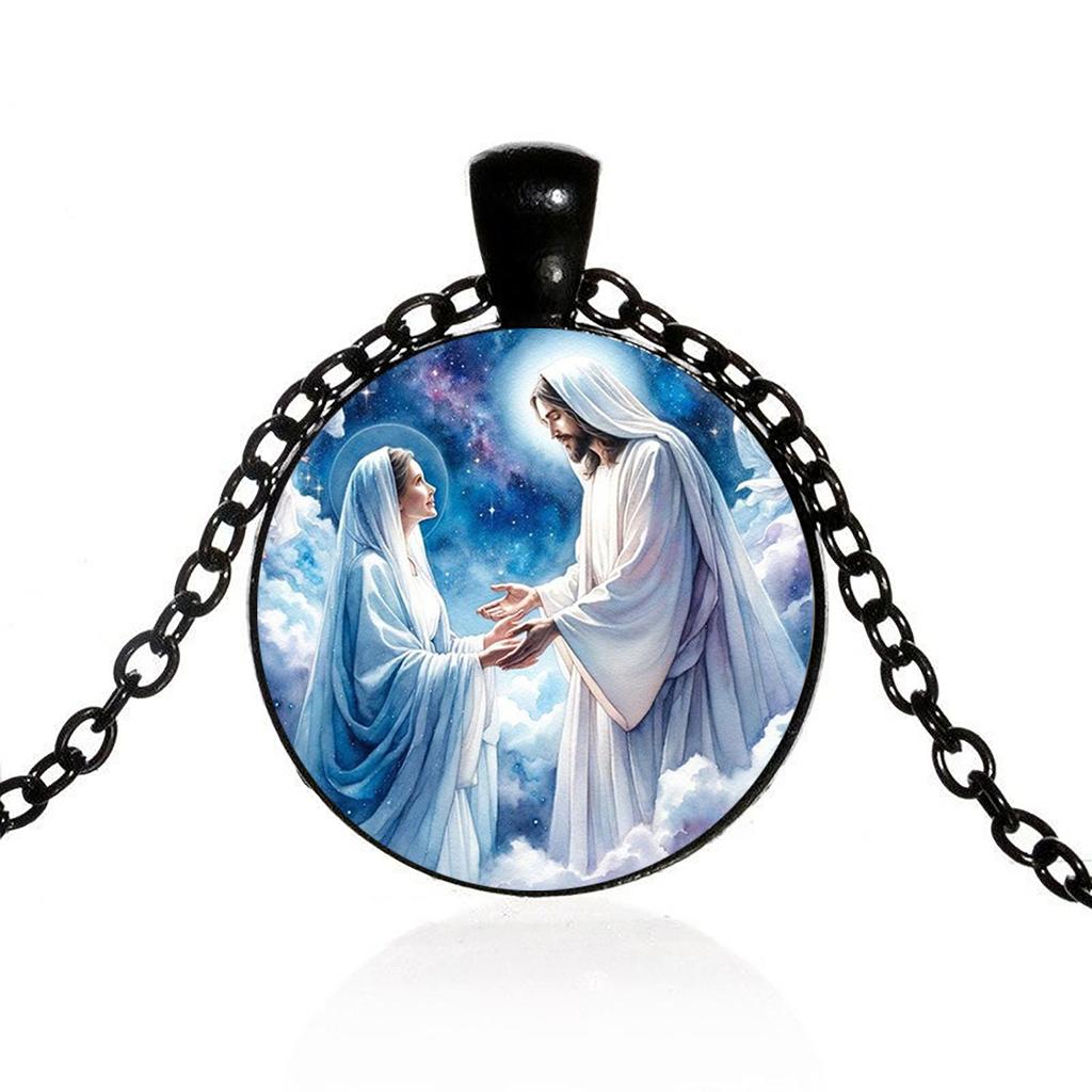 Gemstone Glass Pendant Necklace Depicting The Scene Of Jesus Meeting The Virgin Mary, Suitable For Everyday Wear.