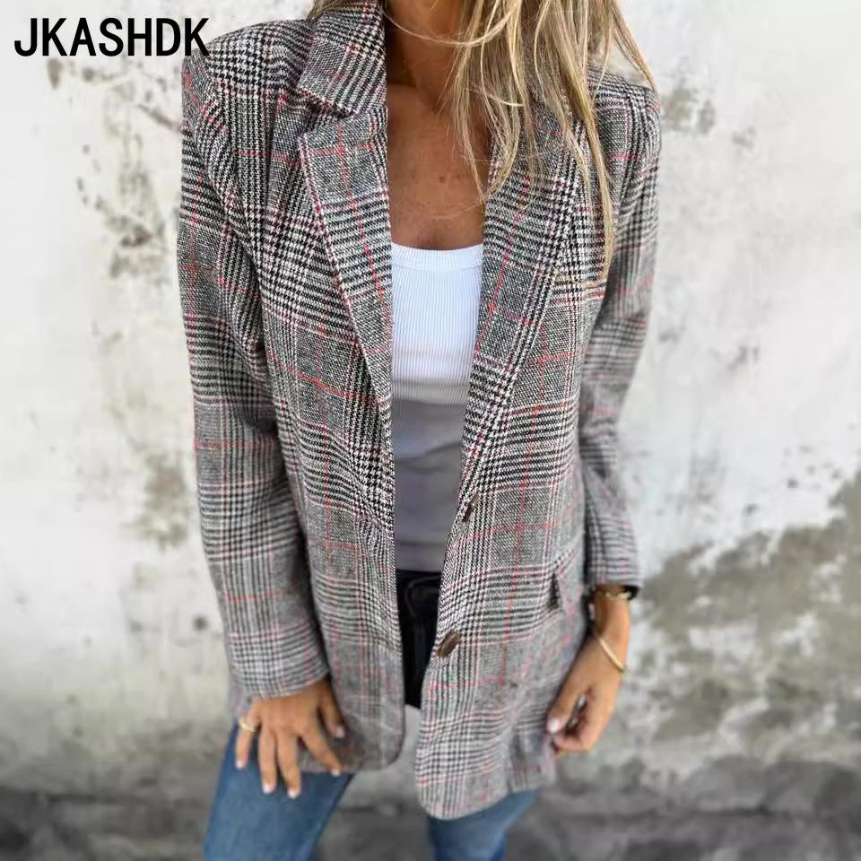 JKASHDK Женская мода, повседневные клетчатые принты, осенне-зимние куртки и пальто-поло с длинными рукавами и воротником