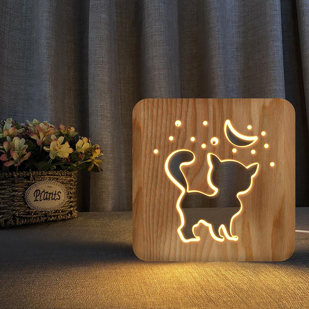 LED Wooden Night Lamps for Bedrooms Table Lamp With 3D Pet Cat Lampshade USB