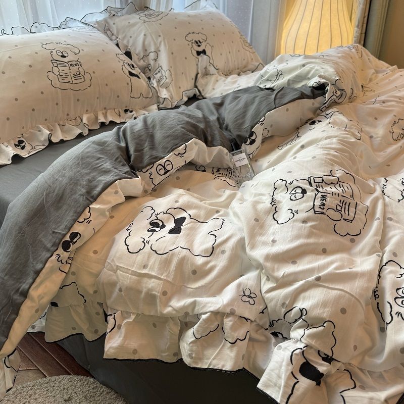 Korean Princess Duvet Cover Set Skin Friendly Wash Cotton Bedding Set Of Four Pieces Lace Bedin Set Bed Sheets Comforter Cover