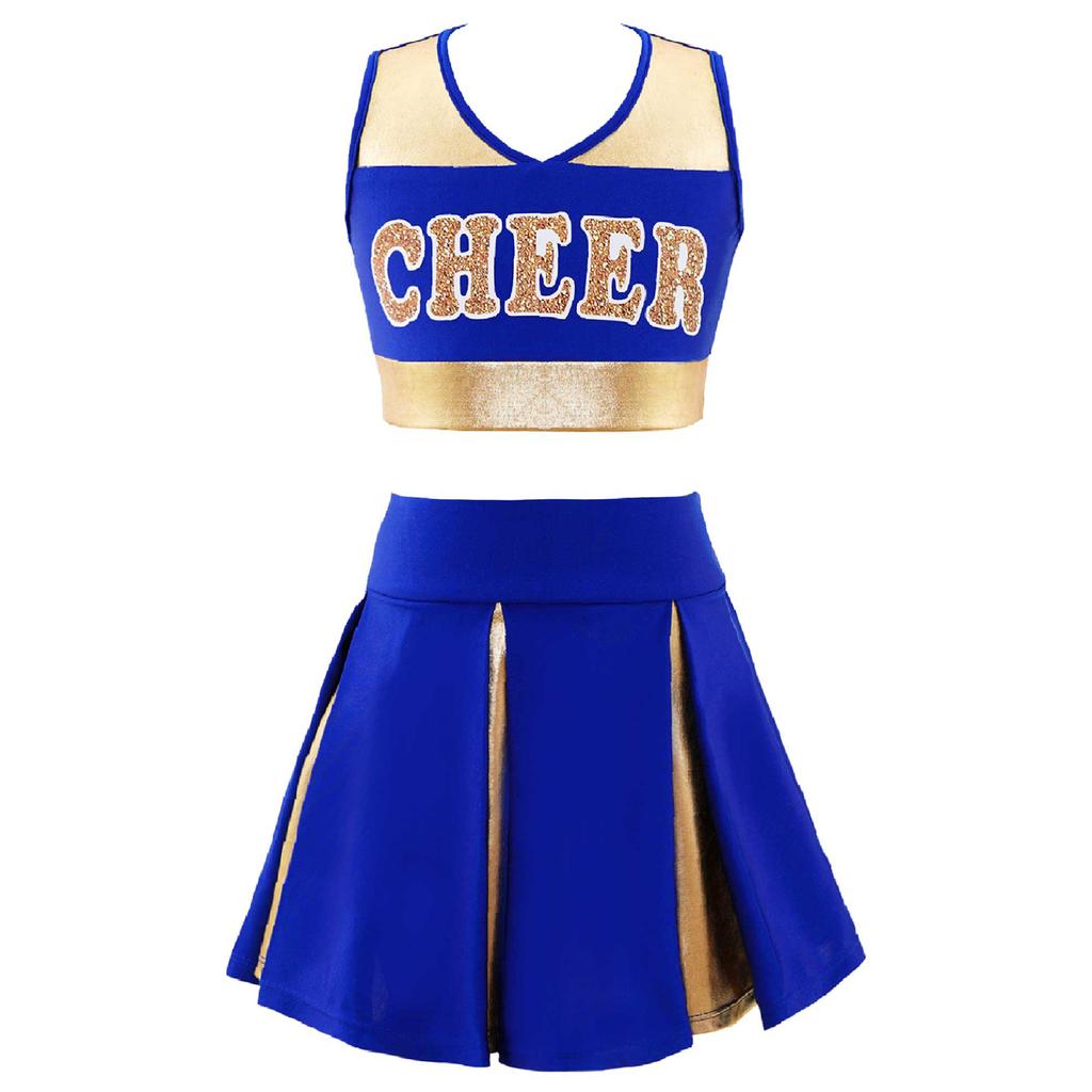 Kids Girls Cheerleading Costume Cheerleader Uniform Sleeveless V Neckline Letter Print Crop Top with Elastic Waistband Skirt