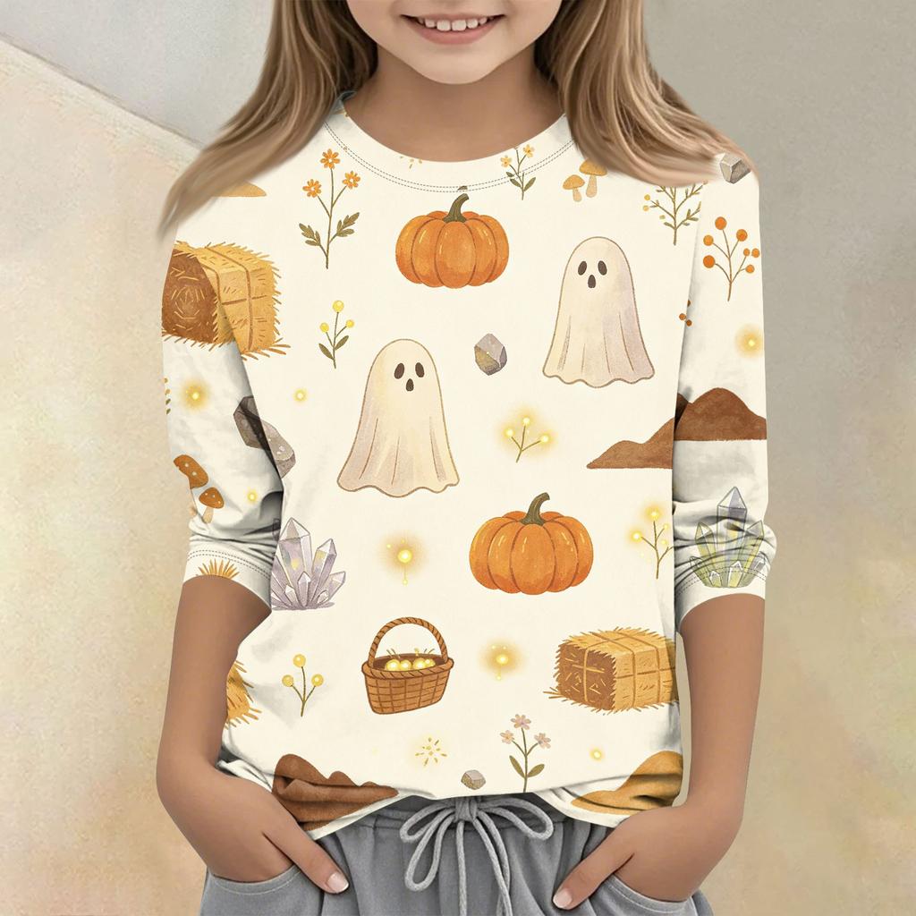 Boys and Girls Halloween Printed Round Neck Three-Quarter Sleeve T-Shirt Casual Top