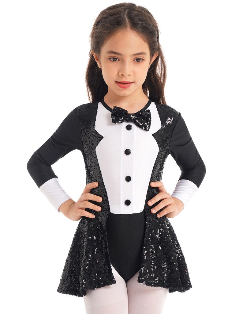 Kids Girls Halloween Cosplay Circus Ringmaster Dress Up Costume Sequins Jazz Dance Wear Leotard Dress