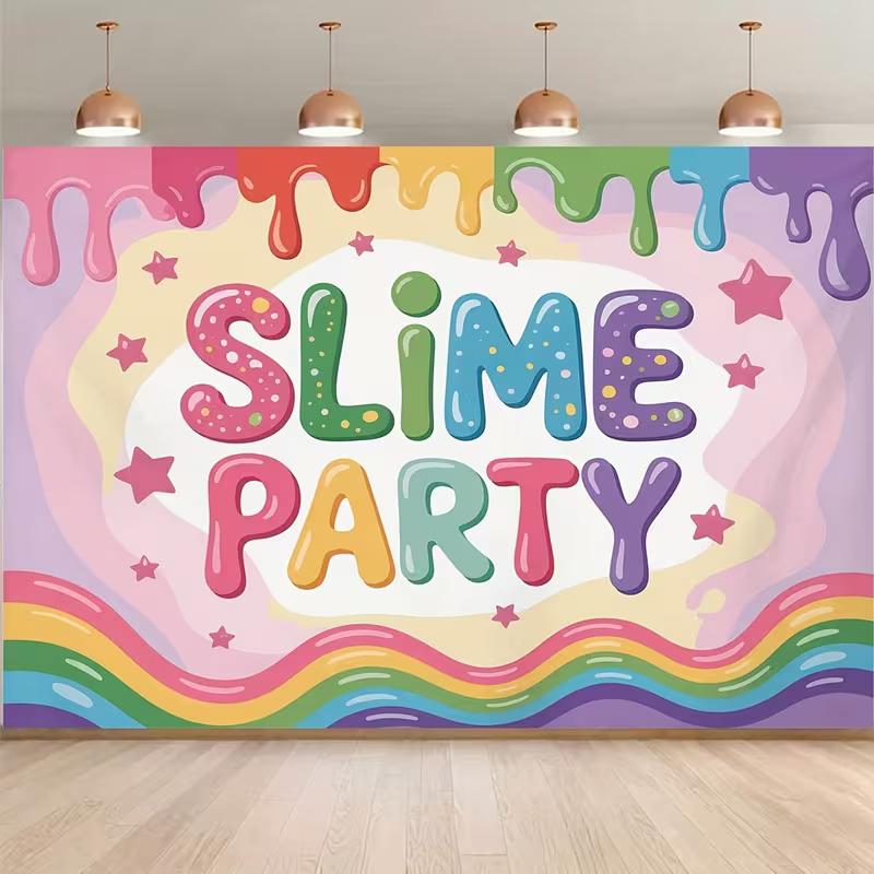 2D Colorful Slime Party Backdrop, Pastel Rainbow Kids Birthday Photo Booth Banner