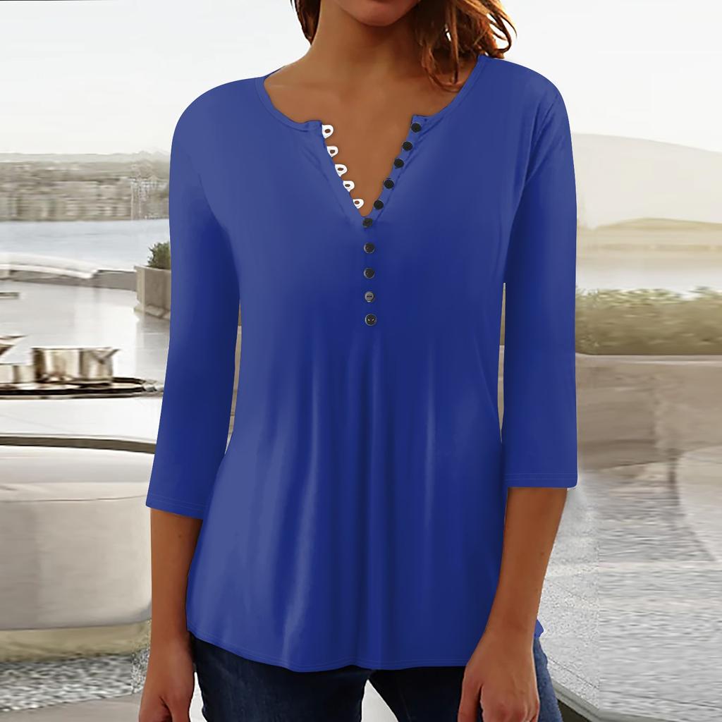 Женская верхняя свободная футболка с рукавом семь четвертей на пуговицах