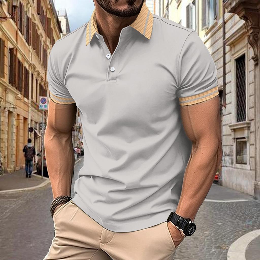 Men's Fashion Polo Shirt Colour Blocking Buttons Top Men's Sports Polo Shirt New Short-sleeved Body Shirt