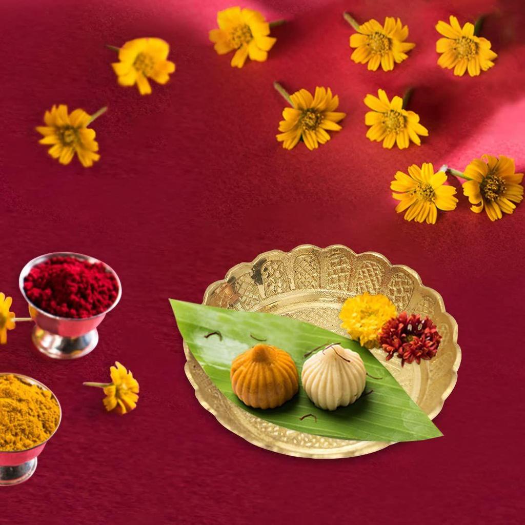 Handmade Brass Puja Thali with Floral Embossed Design | Bhog Plate for Pooja Mandir | Puja Essentials for Home Mandir – 4.41 Inch