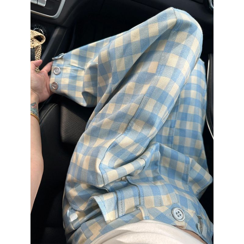 Blue Plaid Pants for Women, New Summer Style for Plus-Size Girls, Pear-Shaped Body, High-Waisted, Drapey, Slimming Wide-Leg Casual Pants