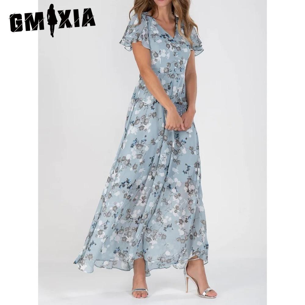 GMXIA 6-цветное платье макси с V-образным вырезом и оборками, короткие рукава, приталенная талия, высокая талия, струящийся подол, милое цветочное шифоновое платье, женская одежда