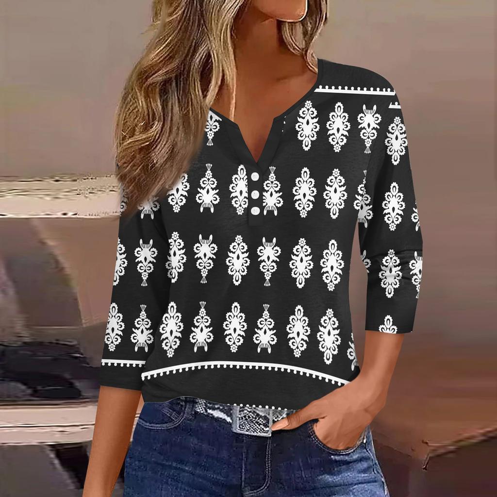 Жен. Футболка Футболка С принтом Пуговицы Рукав 3/4 Повседневные Выходные Мода Классический Классический V-образный вырез Обычный Верх