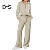 2Pcs/Set Women Solid Color Casual Outfit Lapel Zipper Neckline Long Sleeve Sweatshirt Elastic Waist Drawstring Wide Leg Pants Set