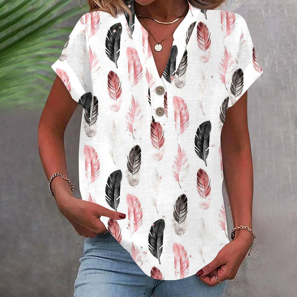 Женская модная повседневная рубашка с v-образным вырезом и коротким рукавом с принтом, футболка на пуговицах, топ