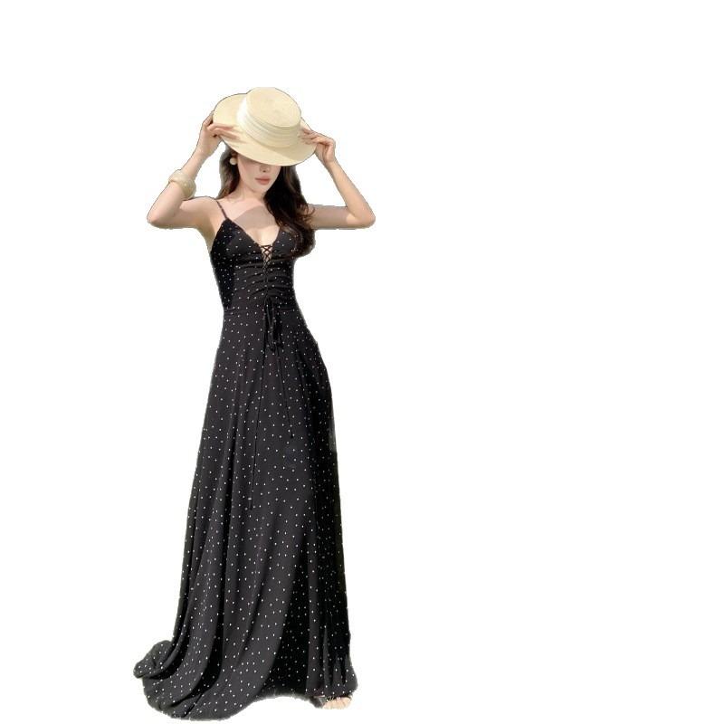 French High-end Black Polka-dot Collar Suspender Dress Women's Waist and Thin Seaside Vacation Sexy Word Long Dress