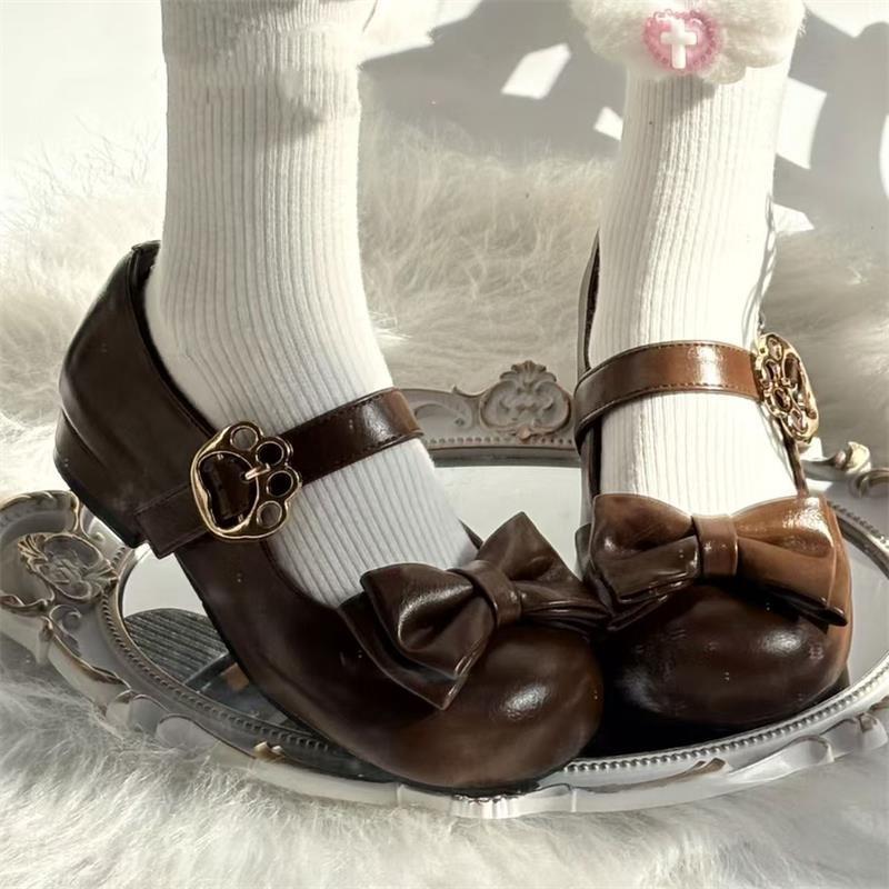 Round Head Lolita Shoes Low Heel Women's Single Shoes Bow Sweet and Cute Kapibara Jk Uniform Shoes with Skirt