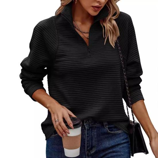 Women Fall Spring Sweatshirt Zippered Stand Collar Long Sleeves Solid Color Patchwork Loose Pullover Sport Daily
