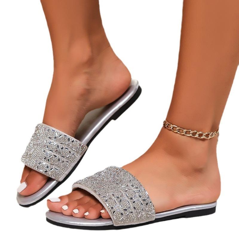 Летние новые шлепанцы с плоской подошвой, полностью инкрустированные бриллиантами, женские модные крутые шлепанцы, женская пляжная обувь