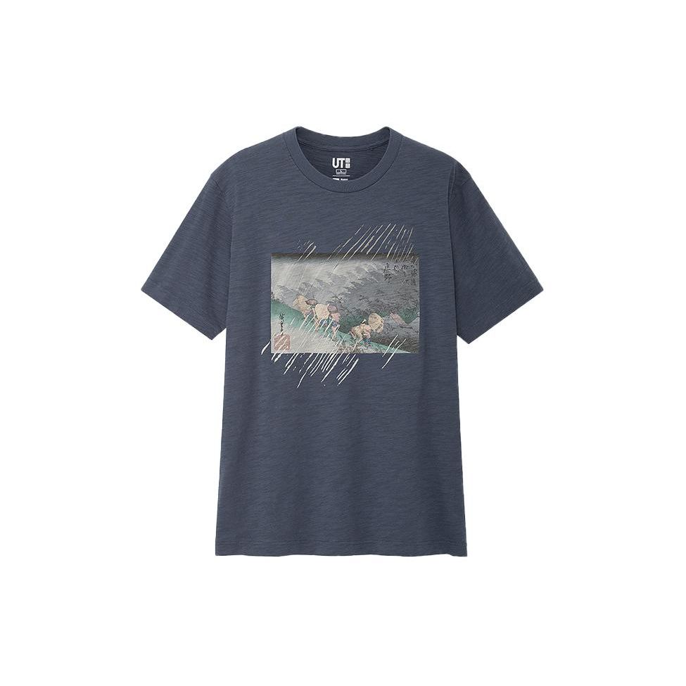 Uniqlo Унисекс Футболка с коротким рукавом, круглым вырезом, синяя 425622-66, с геометрическим узором и пейзажным принтом
