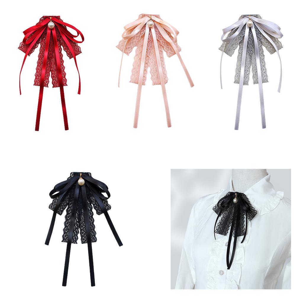 Womens Lace Ribbon Bowtie Brooch Pin Student JK Uniform Shirt Jabot Collar Pearl Pendant Pre-Tied Bowknot Necktie Clip