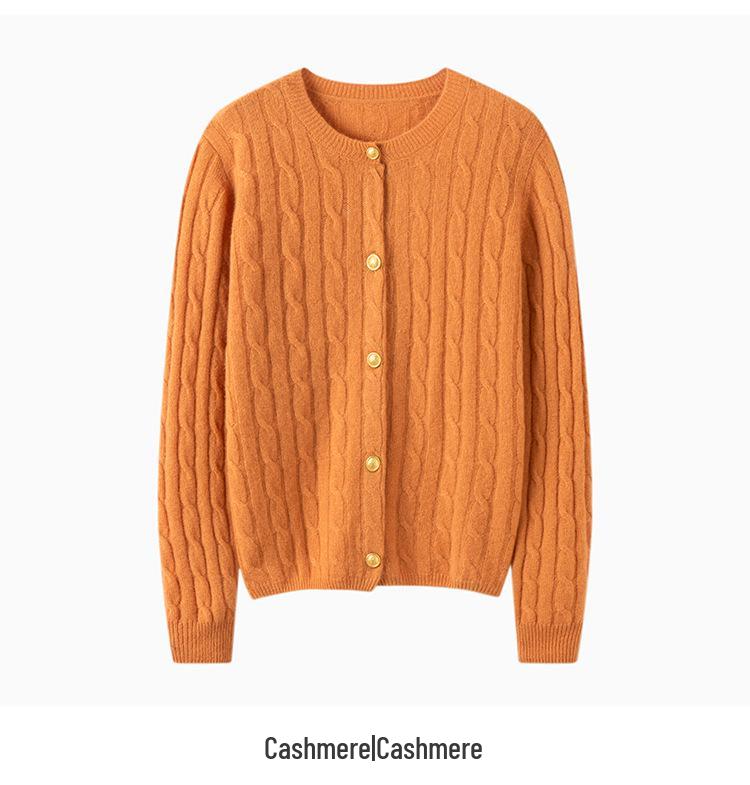 100% Pure Cashmere Women's Round Neck Loose Cable Knit Cardigan - Versatile & Casual for Autumn/Winter