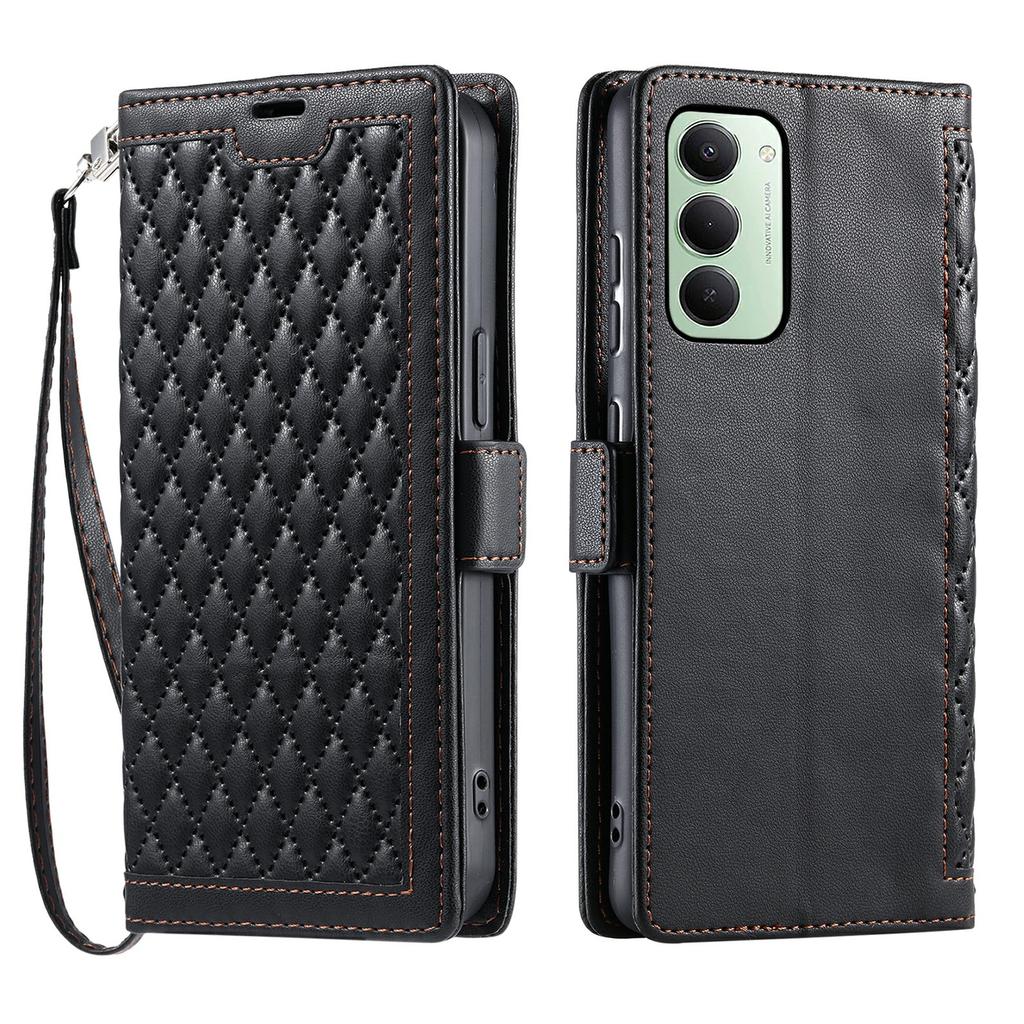For Xiaomi Redmi 15 5G (EU) (171mm)/4G (EU) (171mm) Leather Case Rhombus Texture Wallet Stand Phone Cover with Wrist Strap