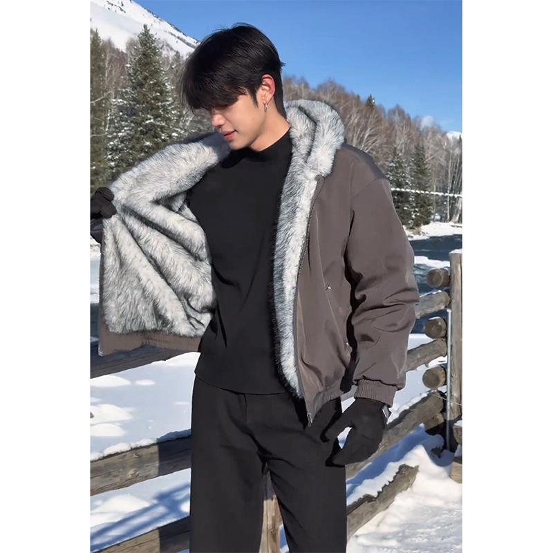 Мужская зимняя куртка с капюшоном "Король Полярных Волков" с густым мехом норки и большим воротником, утолщенная хлопковая верхняя одежда с подкладкой из бархата