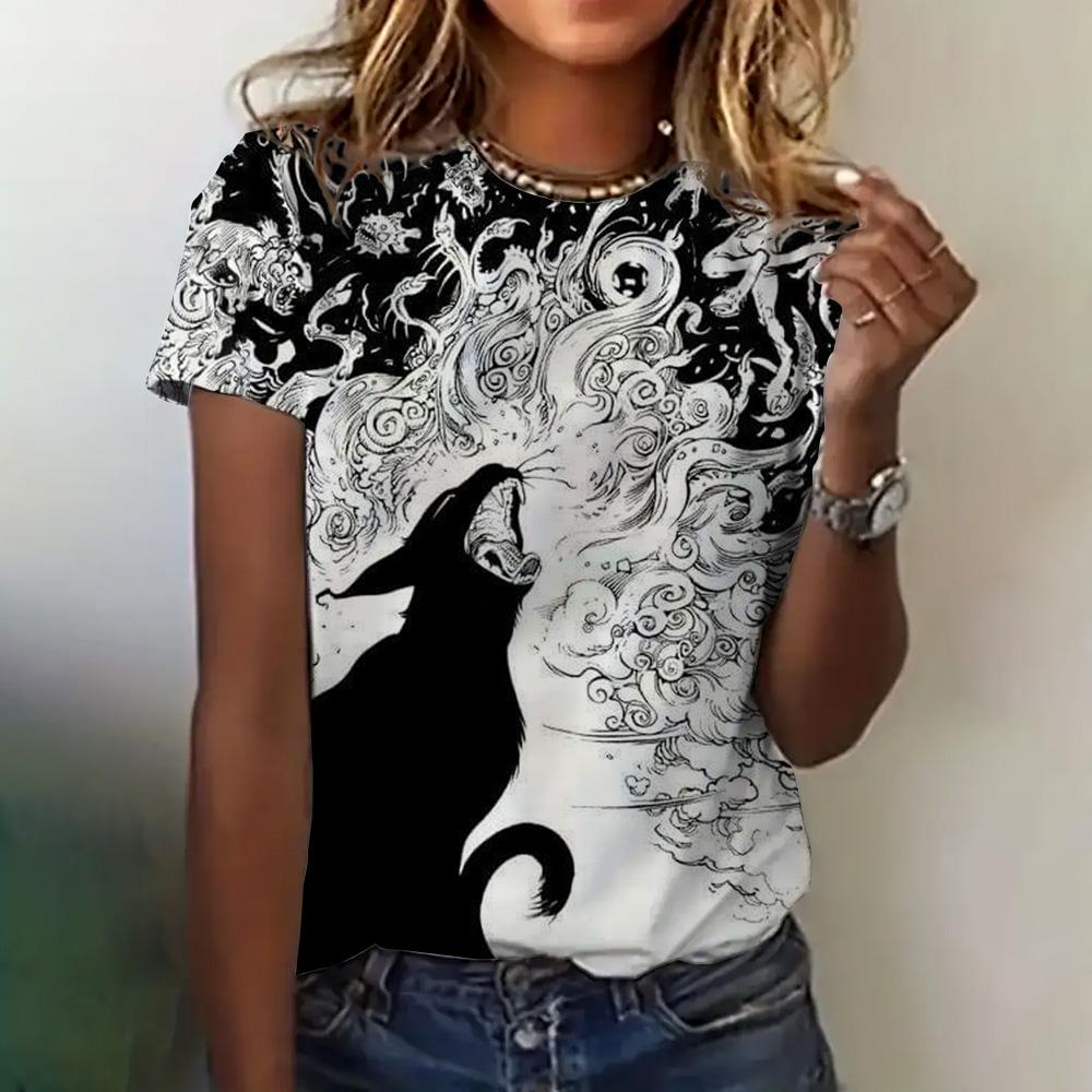 Женская футболка, летняя, с круглым вырезом, коротким рукавом, с рисунком кошки, топ, костюм на Хэллоуин, модная, свободная, с коротким рукавом, женская футболка 2024