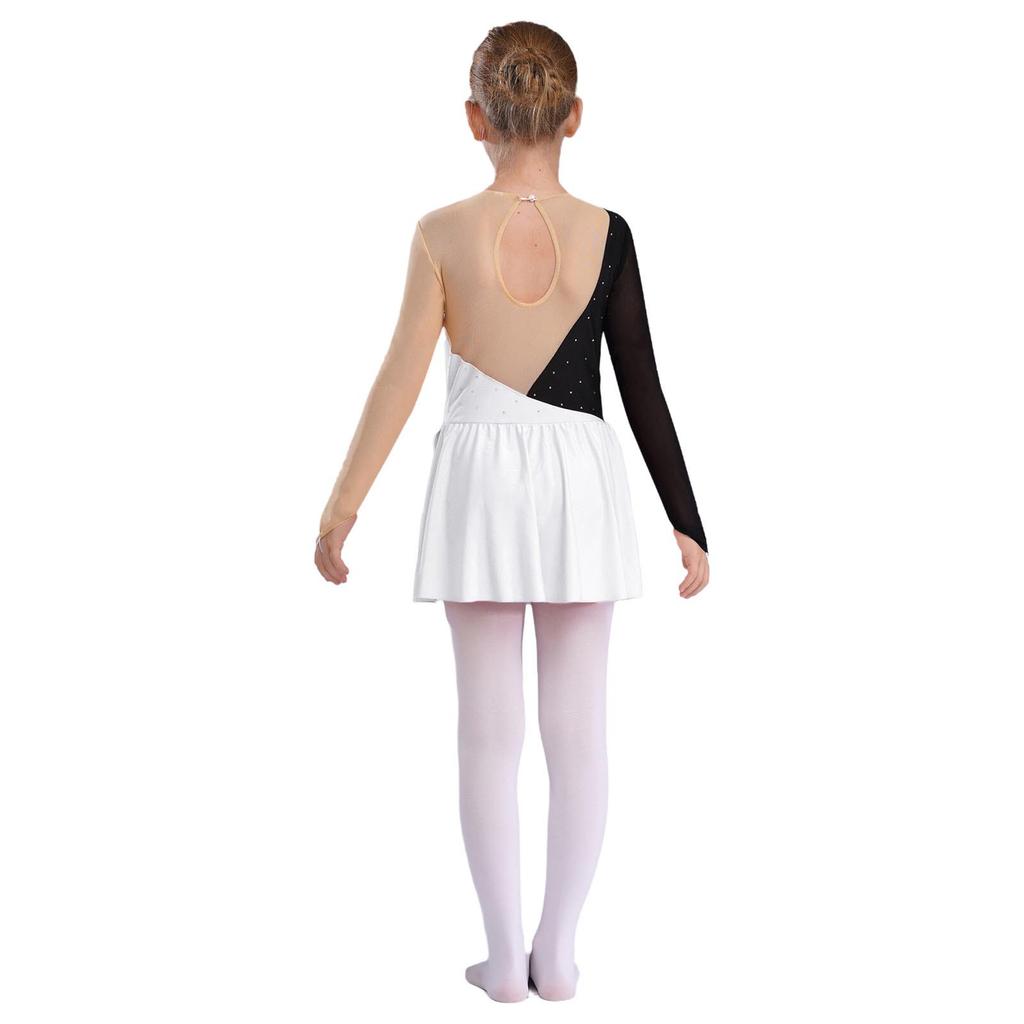 Платье для катания на коньках для девочек с длинным рукавом, круглым вырезом, контрастными стразами, открытой спиной, танцевальный костюм