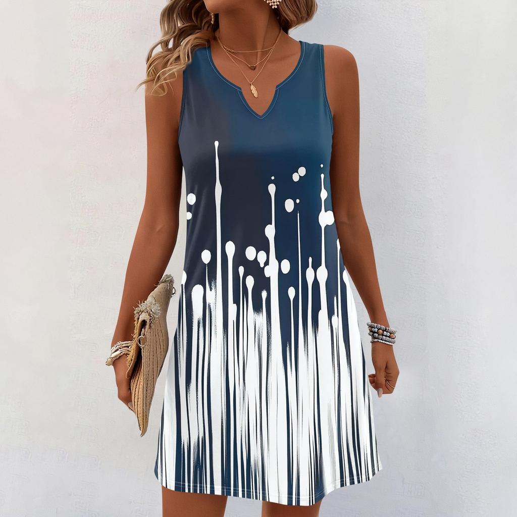 Women Summer Dresses V-Neck Print Sleeveless Sundress Casual Dress