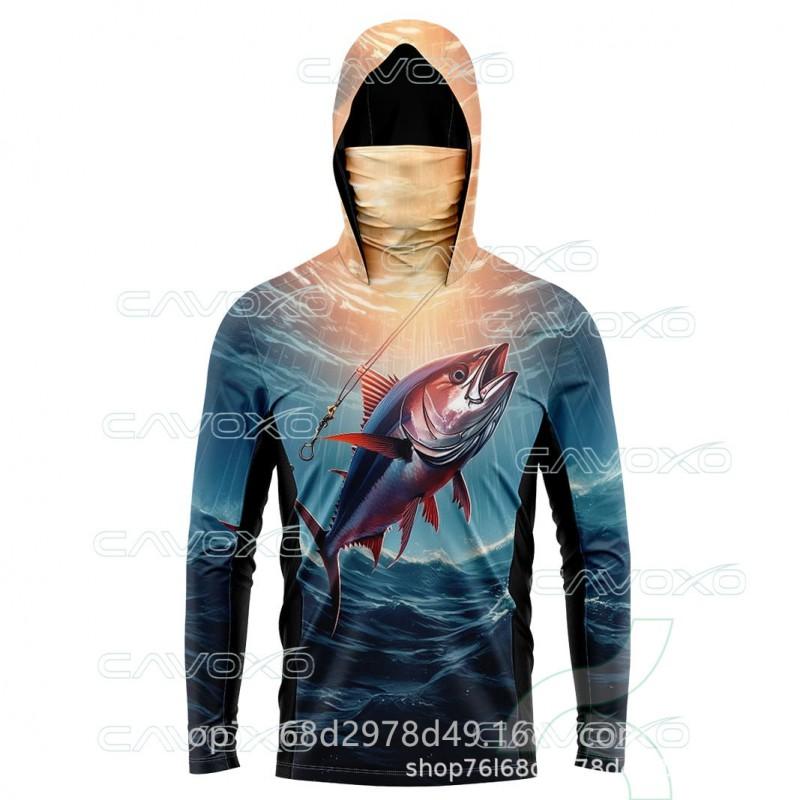 Mens Ice Silk Fishing Shirt Long Sleeve Hooded With Face Cover Quick Dry UV Protection Outdoor Casting Apparel