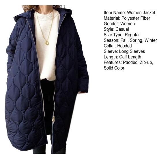 Fall Winter Women Jacket Hooded Zip-up Rhombus Texture Thin Padded Long Sleeves Mid Length Loose Work School Daily Coat