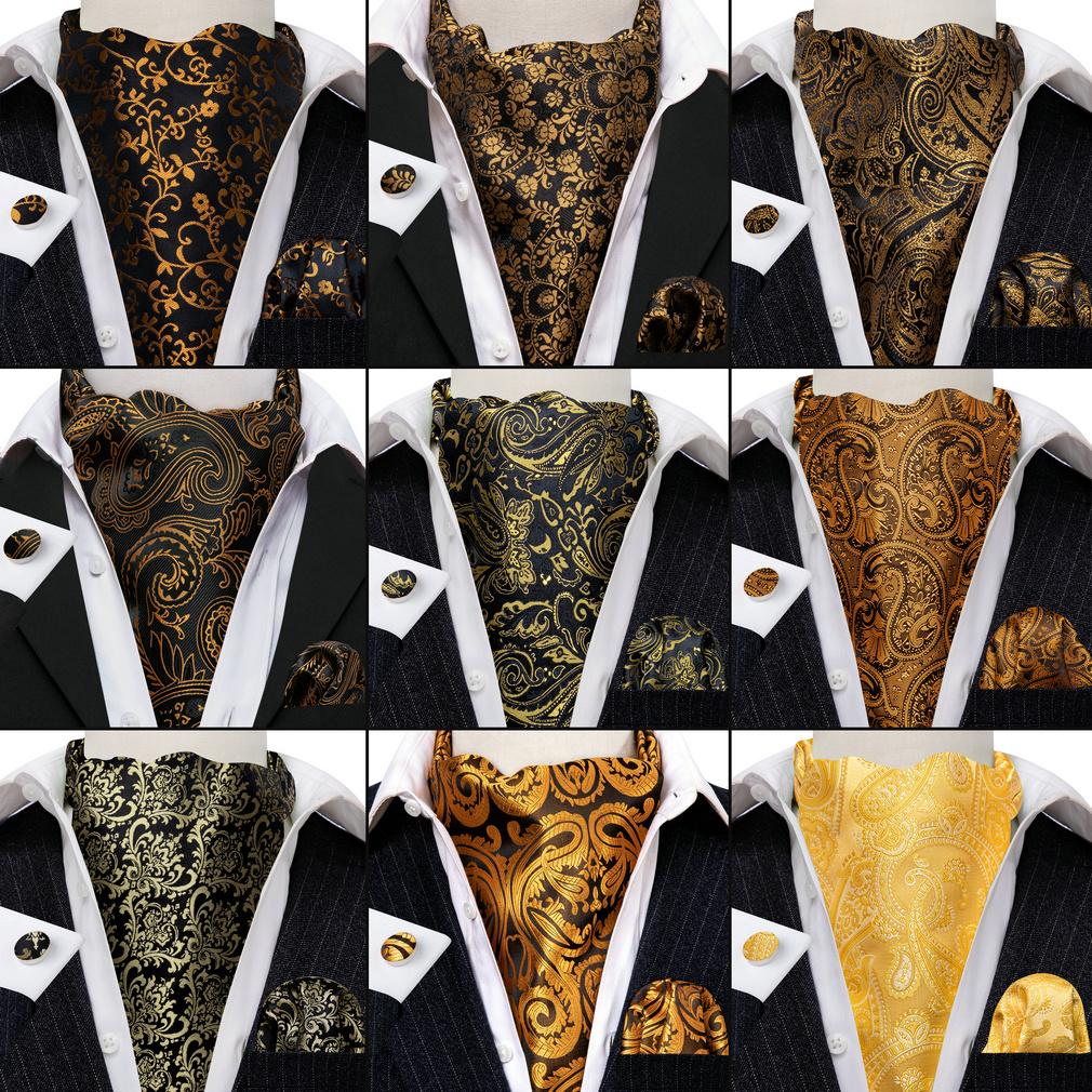 Barry.Wang Ascot Tie for Men Black&Gold Woven Silk Paisley Floral Cravat Pocket Square Cufflinks Set