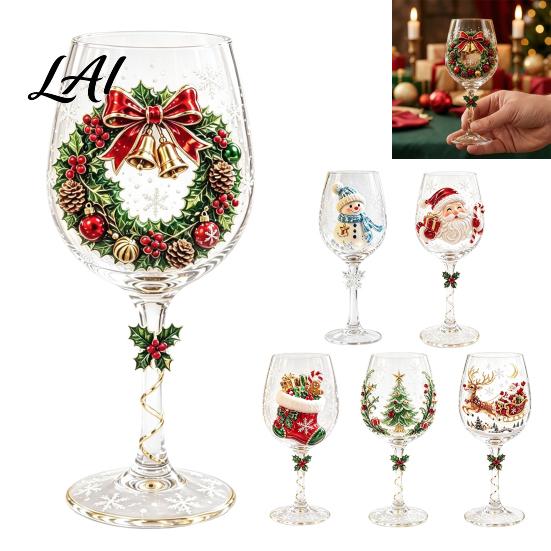 Artistic Tableware for Dining Christmas Wine Glass Santa Snowman Reindeer Stocking Tree Wreath Pattern Stemmed Red Goblets Holiday Glassware