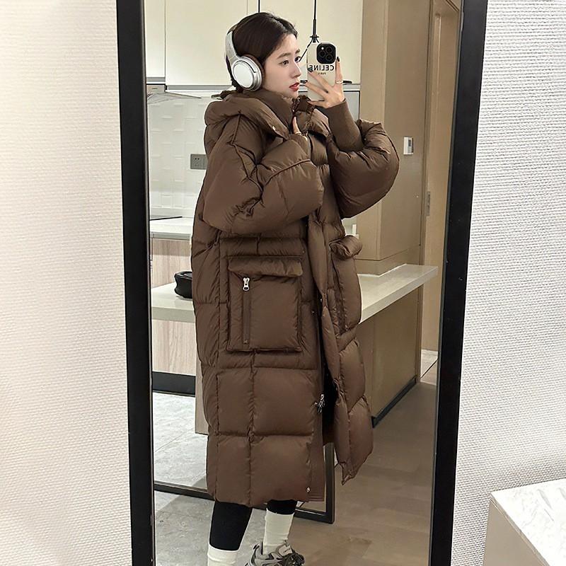 Womens Long Down Coat 2026 Winter Loose Puffer Jacket White Goose Hooded Warm Outdoor Wear