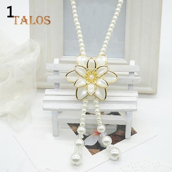 Women's Fashion Jewelry Flower Pendant Faux Pearl Tassels Necklace Sweater Chain Suspension Trinket