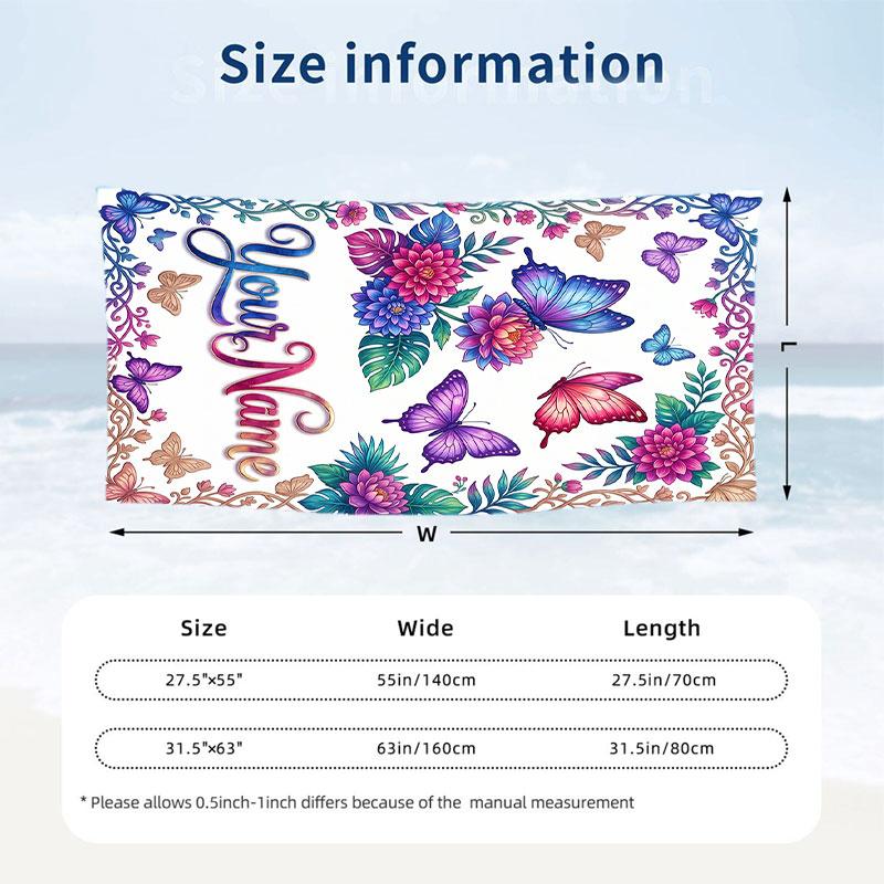 Butterfly Theme Beach Towel Personalized Custom Name & Text Soft Quick Dry Beach Towel for Swimming Travel
