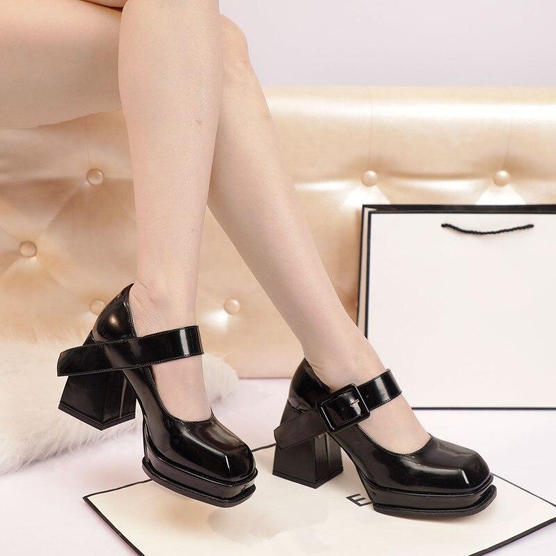 Женская обувь Мэри Джейн, женские туфли-лодочки на высоком каблуке и платформе, лакированные кожаные туфли с квадратным носком, женские туфли на высоком массивном каблуке