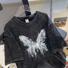 Летняя женская потертая и состаренная футболка с коротким рукавом и винтажным принтом «Бабочка»