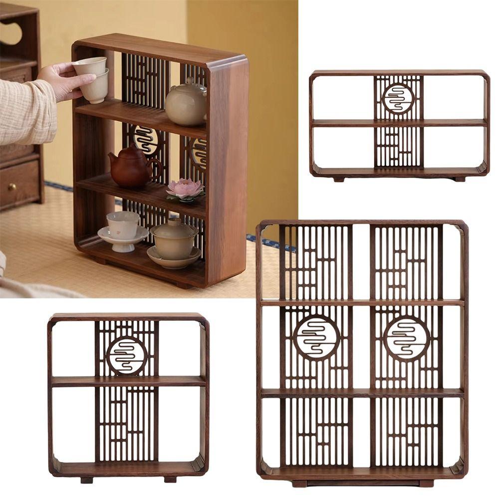 Hollow Out Handcrafted Curio Cabinet Walnut Wood Tea Organizer Tea Display Shelf Living Room