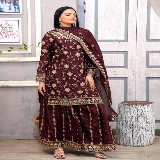 Maroon Embroidered Sharara Suit with Dupatta