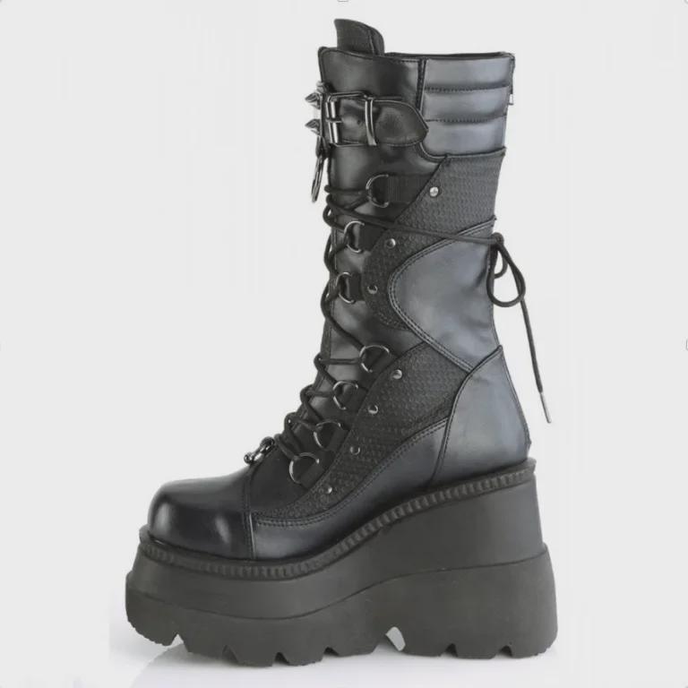 Women's 2022 Punk-Style Wedge Heel Knight Boots - Large Size, European/American, Thick Sole, Mid-Calf.