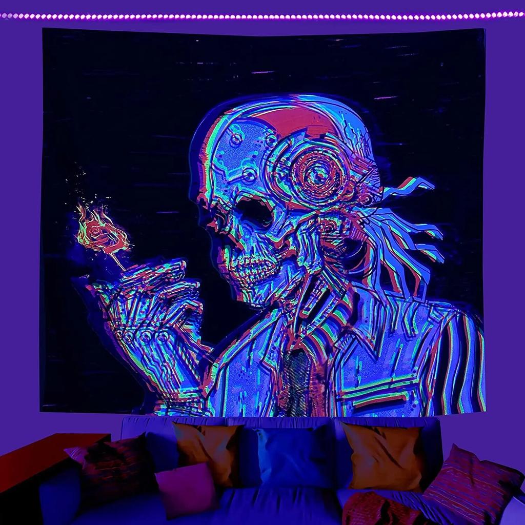 Психоделический черный свет череп голова флуоресцентный гобелен УФ-реактивные гобелены настенный хиппи триповый домашний декор